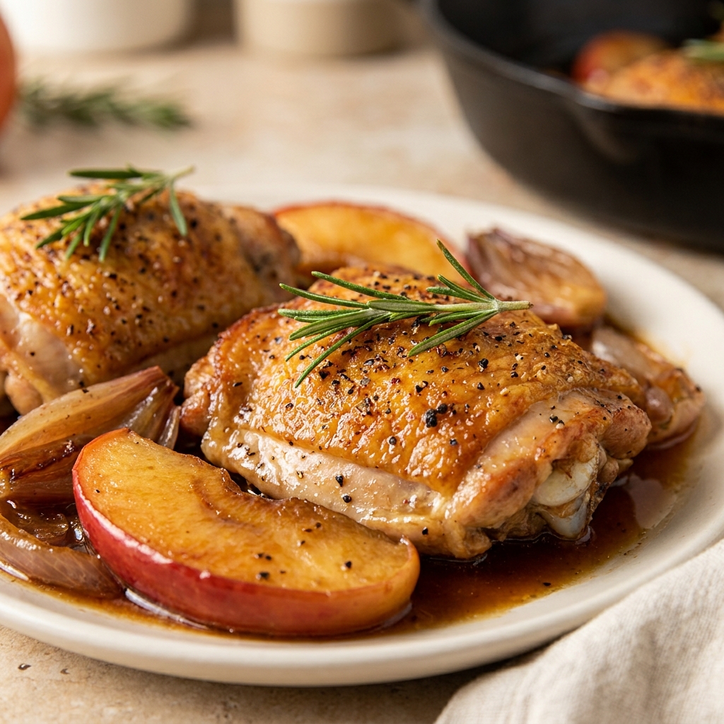 Step-by-step process of searing chicken thighs and reducing apple cider glaze in a skillet.