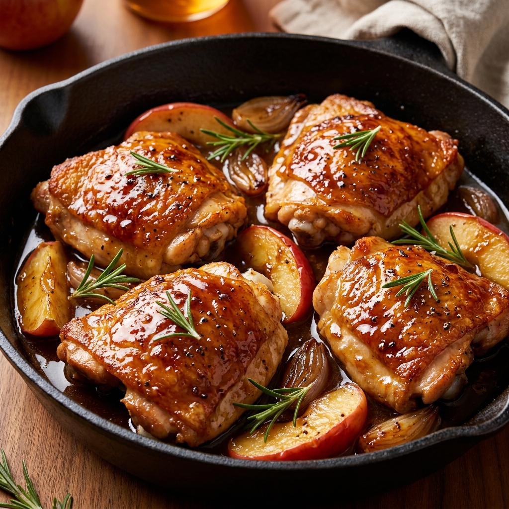 Finished rosemary apple cider chicken plated with roasted vegetables and a garnish of fresh rosemary.