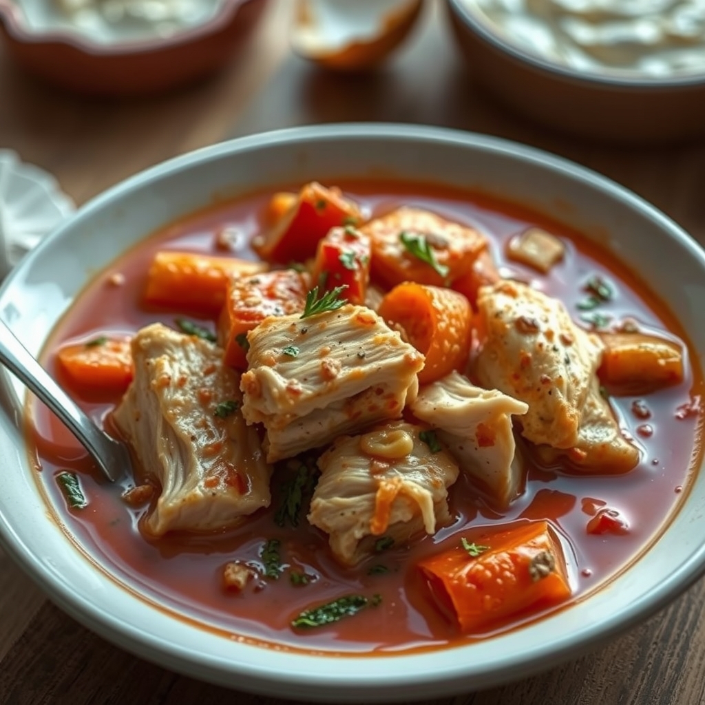 A bowl of rustic Tuscan chicken soup with herbs