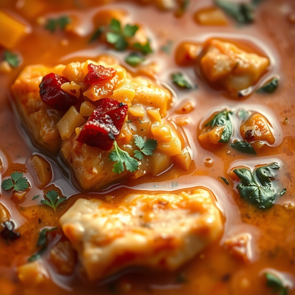 Finished Tuscan chicken soup garnished with parsley