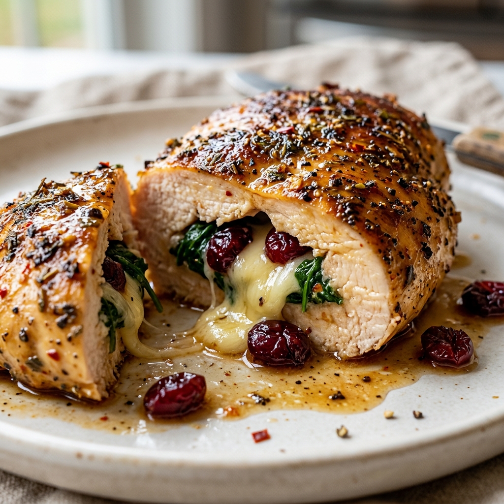Chicken breasts being sliced and filled with spinach, cranberry, and Brie