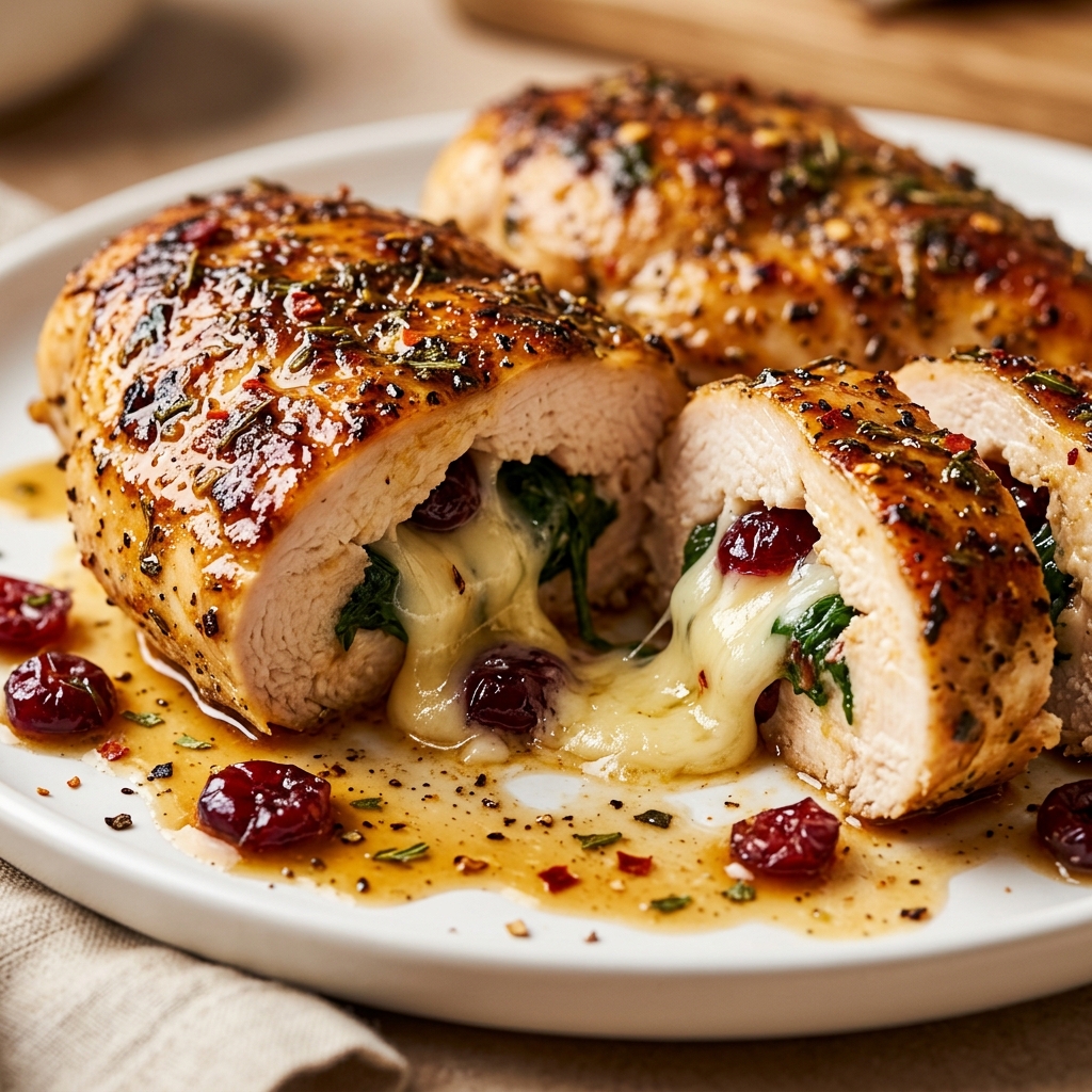 Golden baked stuffed chicken breasts on a platter