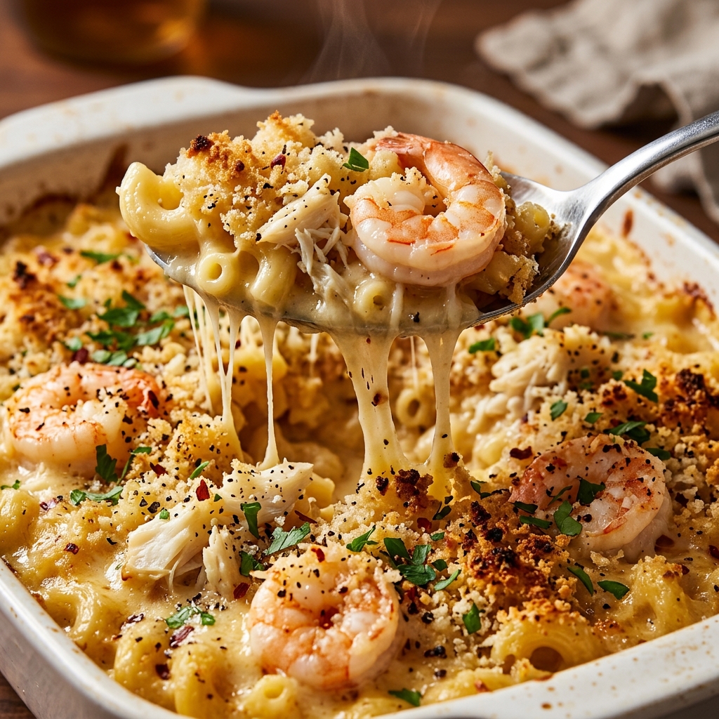 Golden baked seafood mac and cheese with shrimp and crab visible in a casserole dish