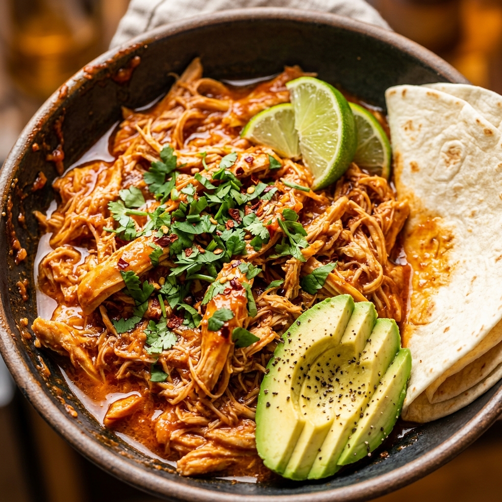 Raw chicken thighs in a slow cooker with chipotle peppers, spices, and broth before cooking.