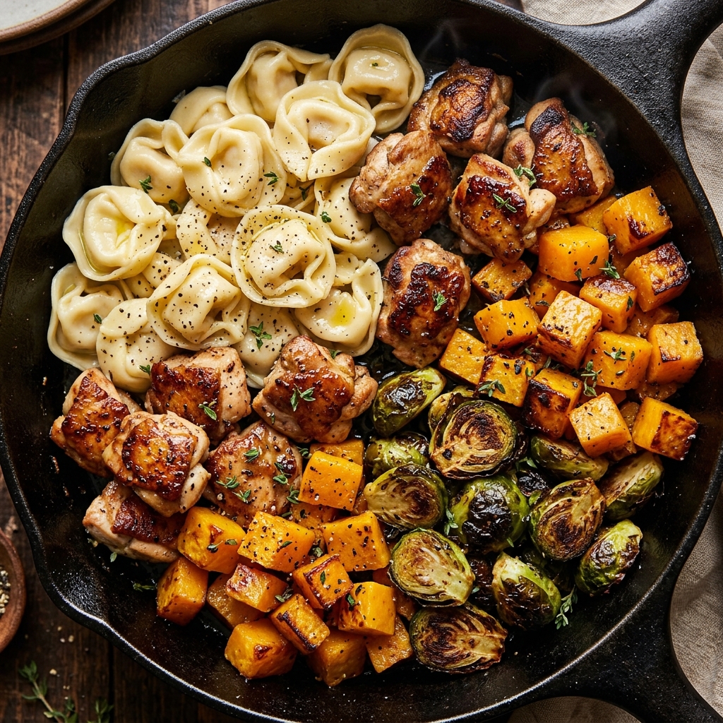 Stovetop simmering pot of Autumn Chicken Tortellini broth
