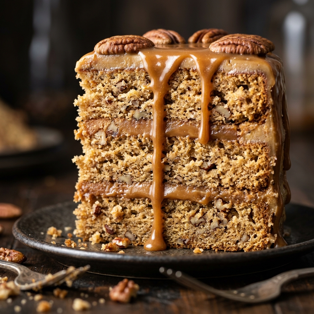Whole Southern Pecan Caramel Cake on a platter, caramel drizzled and pecans scattered