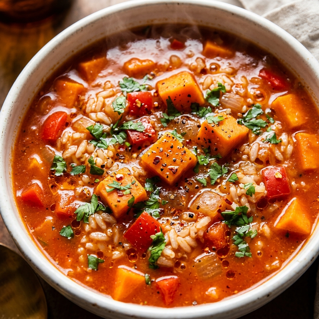 Spicy Sweet Potato Vegetable Rice Soup for Cozy Nights