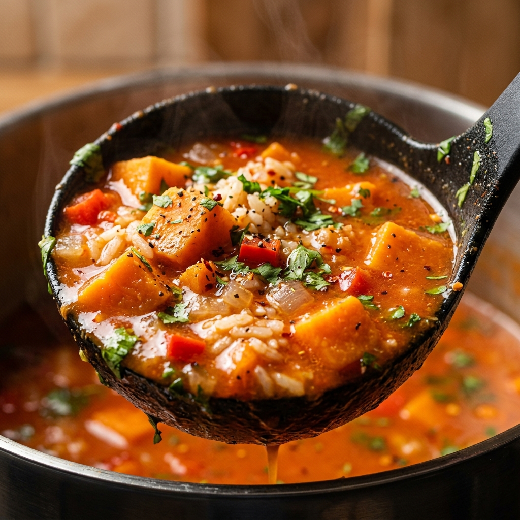 Diced sweet potatoes and chopped vegetables simmering in a large pot with rice, steam rising, shot from above.