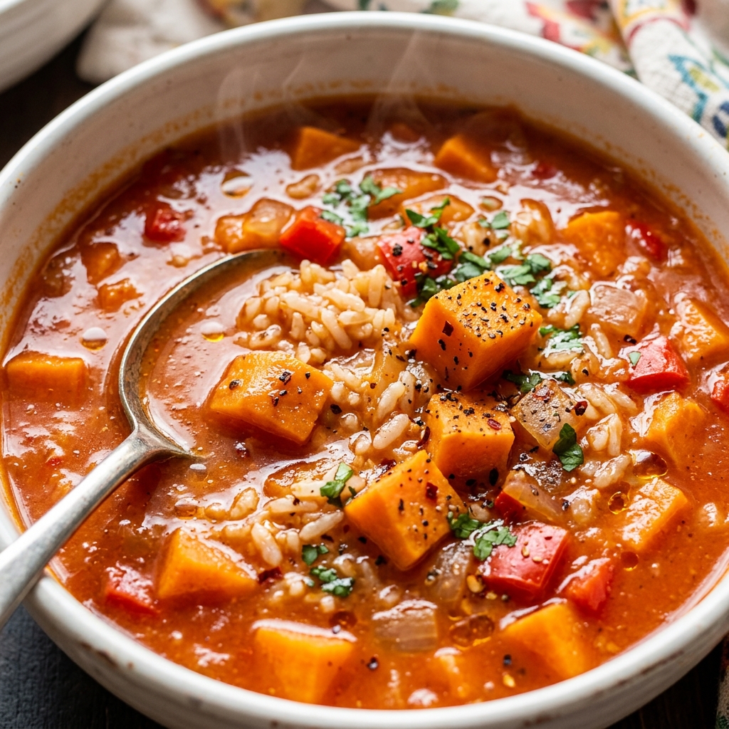 Ladle pouring golden-orange spicy sweet potato vegetable rice soup into a ceramic bowl, showing creamy texture and chunky vegetables.