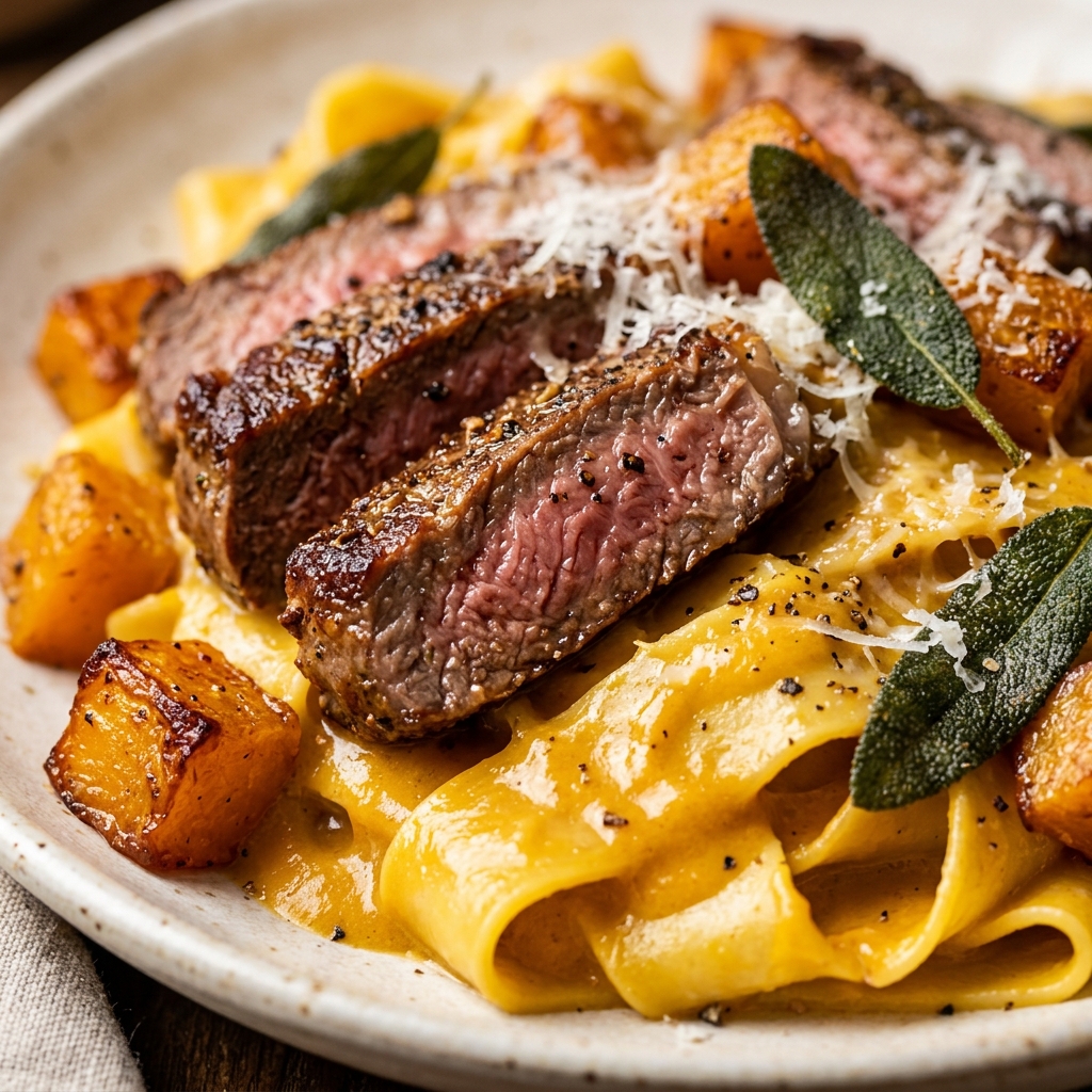 Steps to make steak and pumpkin pasta: searing steak and mixing sauce.