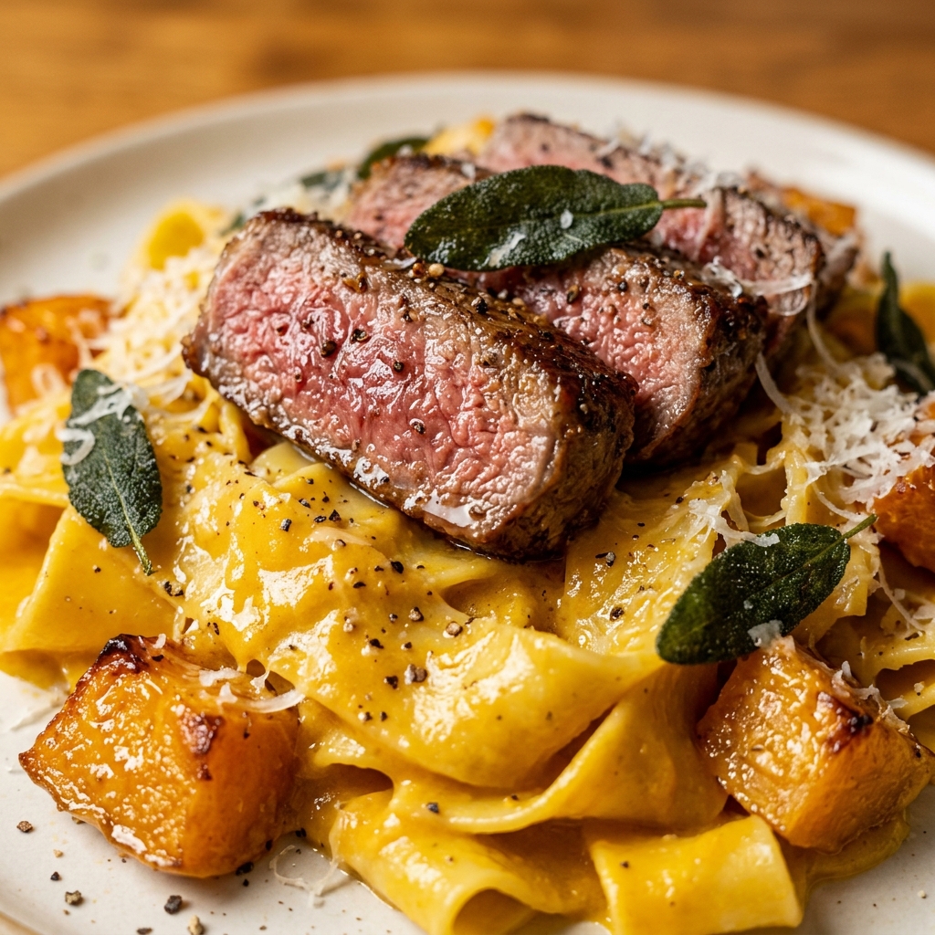 Plated creamy steak and pumpkin pasta with fresh herbs on top.
