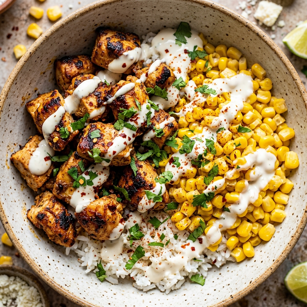 Charring corn in a hot cast iron skillet for Street Corn Chicken Rice Bowl