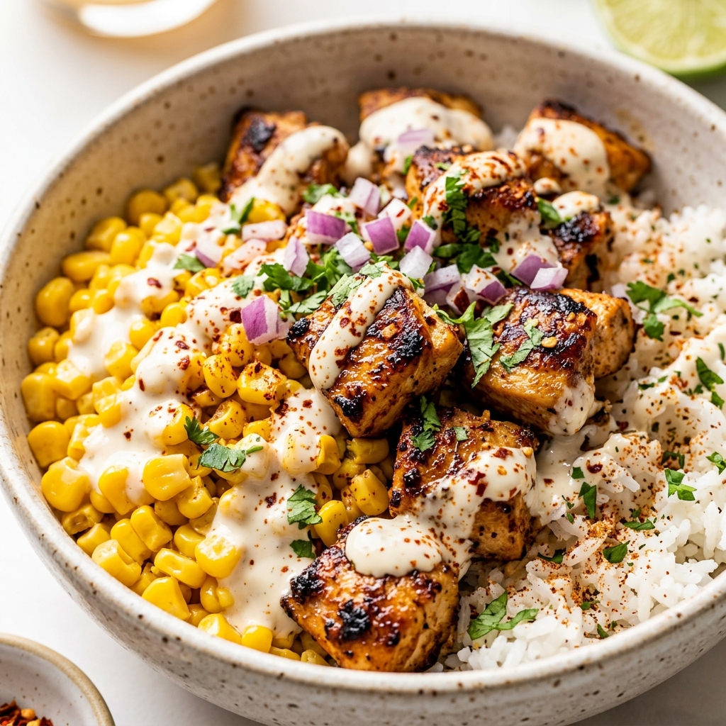 Finished Street Corn Chicken Rice Bowl garnished with cilantro and Cotija cheese
