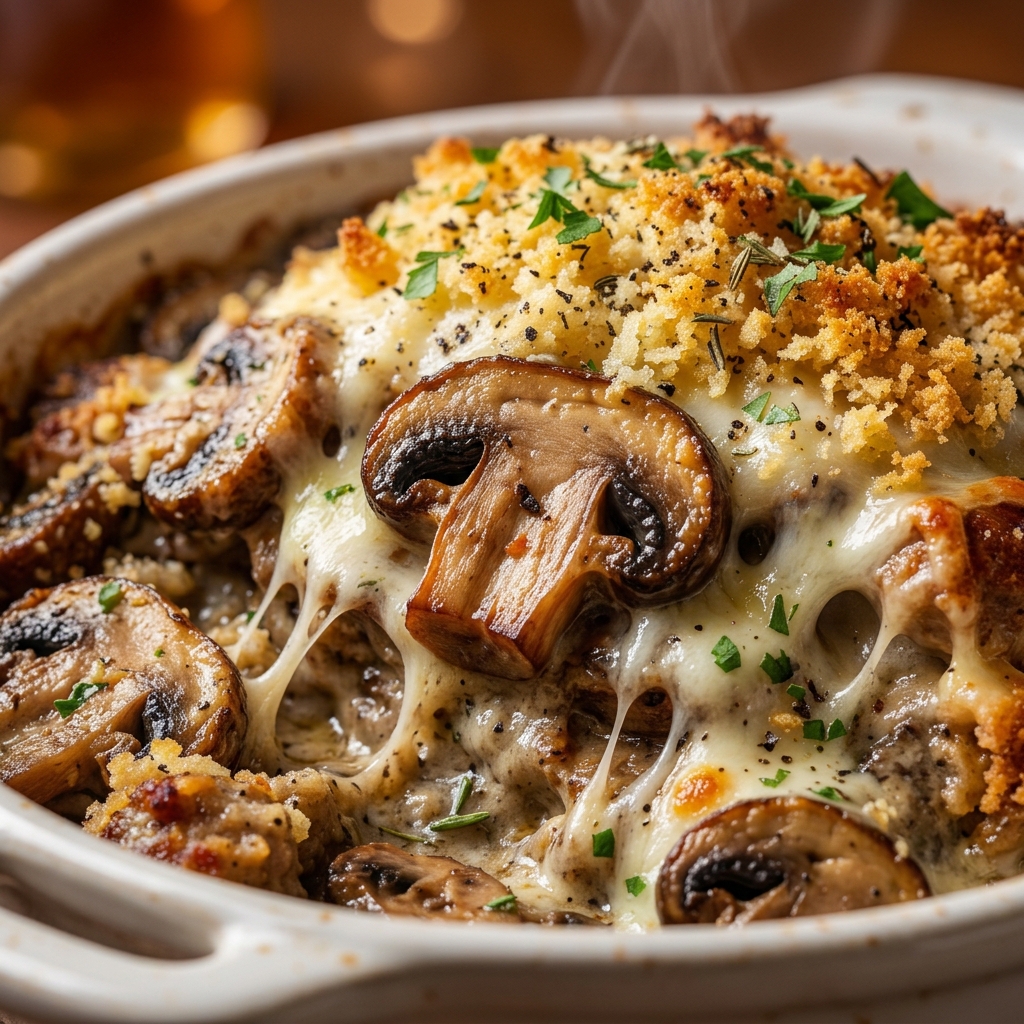 Casserole pulled from oven, bubbling cheese and crisp topping