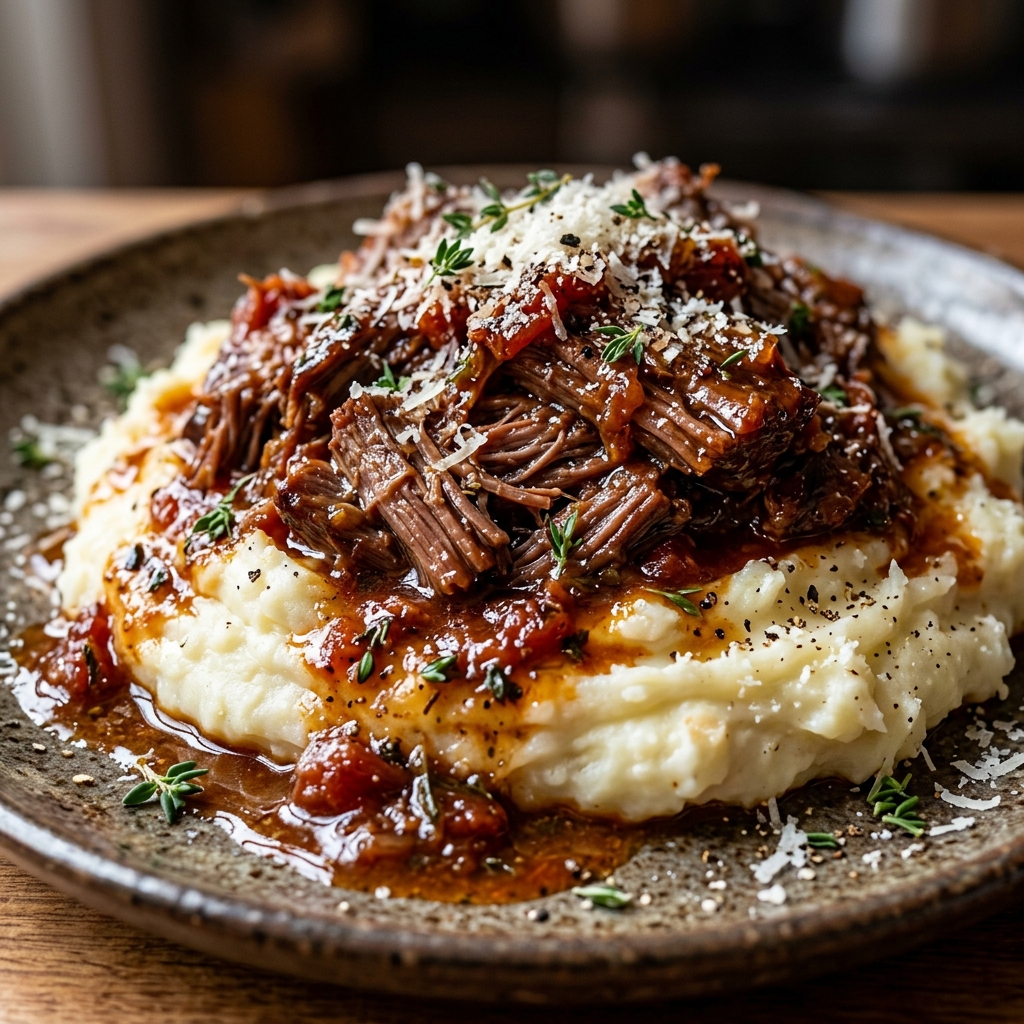 Tender Short Rib Ragu Over Silky Parmesan Mashed Potatoes