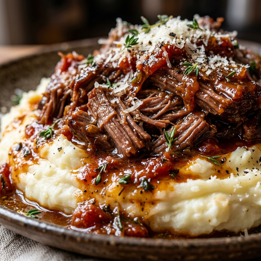 Braised short ribs simmering in a Dutch oven with carrots and tomato sauce