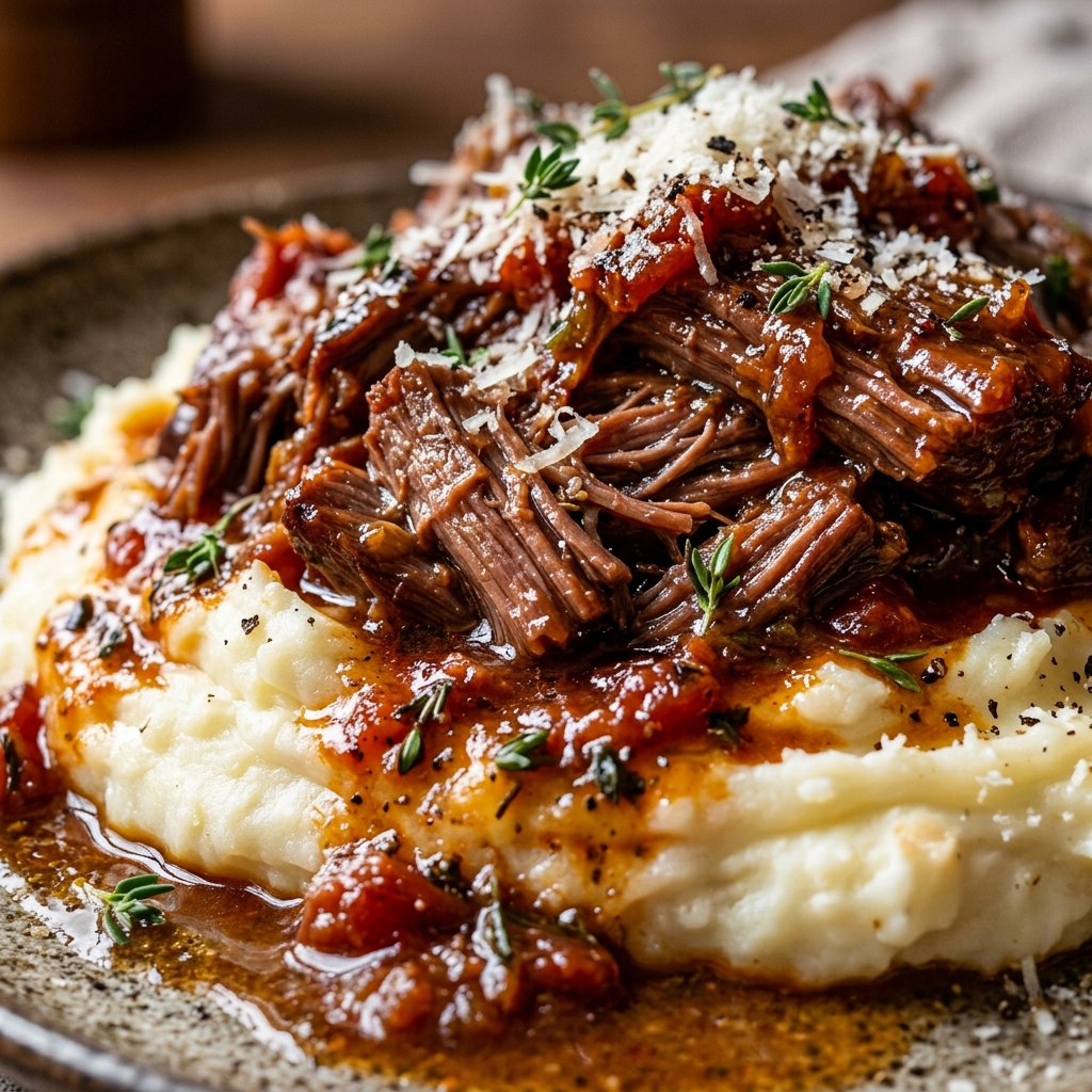 Close-up of shredded short rib ragu over parmesan mashed potatoes with steam rising