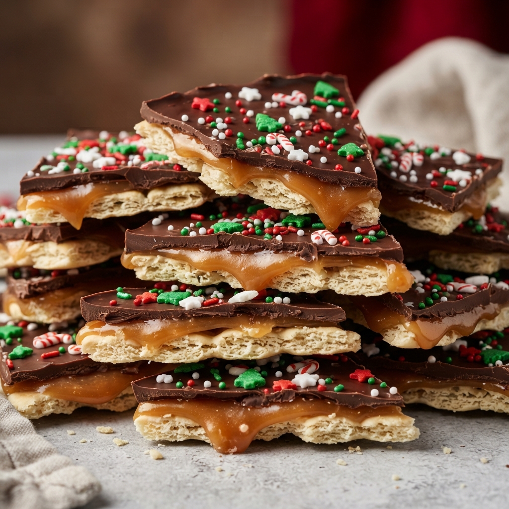 Finished Ultimate Christmas Crack bars cut into squares, glossy chocolate topping